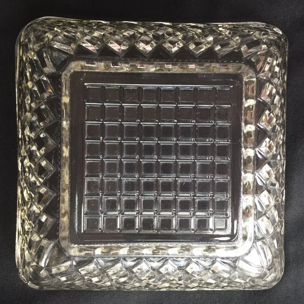 Vintage Clear Cut Glass Square Serving Bowl Dish Geometric Diamonds Retro Ornate